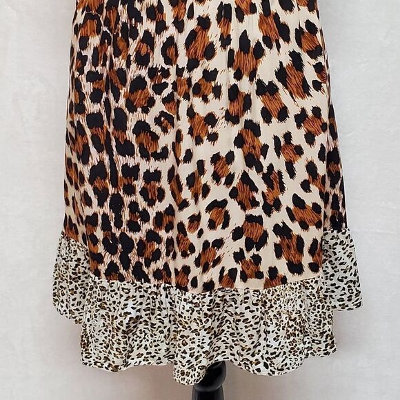 LEOPARD Cheetah Print Tie-Neck Smocked Waist Sleeveless A-line Mini Dress Large - Picture 8 of 15